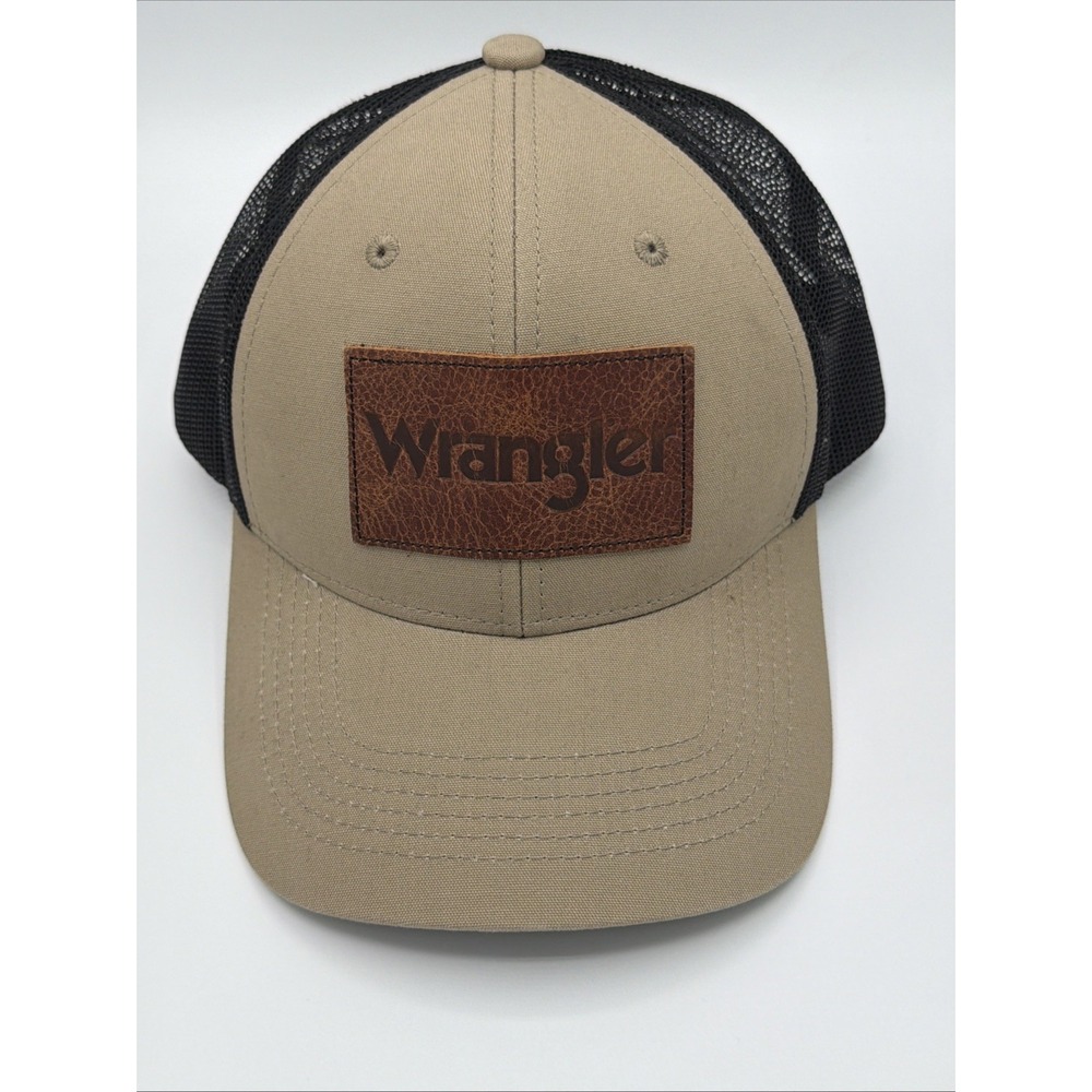Wrangler Trucker Hat Beige Black Mesh Snapback Leather Patch Western Cap